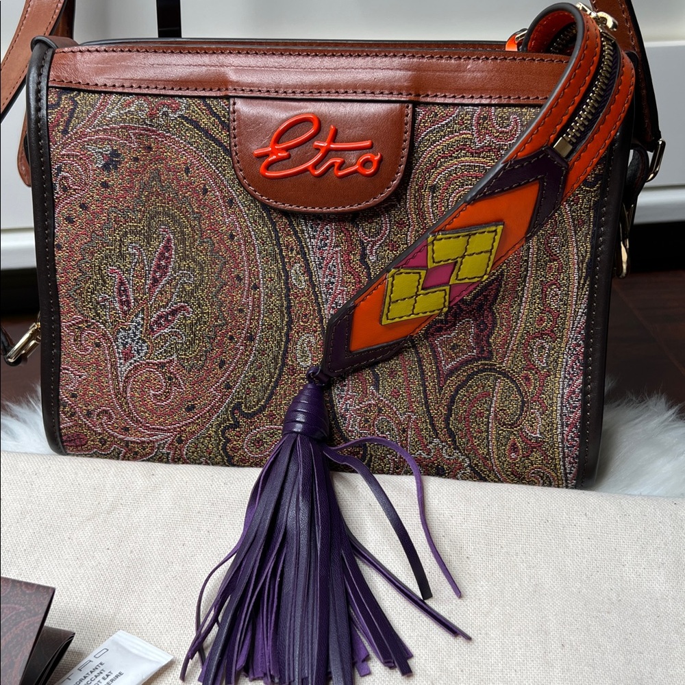 ETRO Brown Paisley Crossbody Bag with Orange Trim, Purple Tassel Like New - Picture 3 of 17